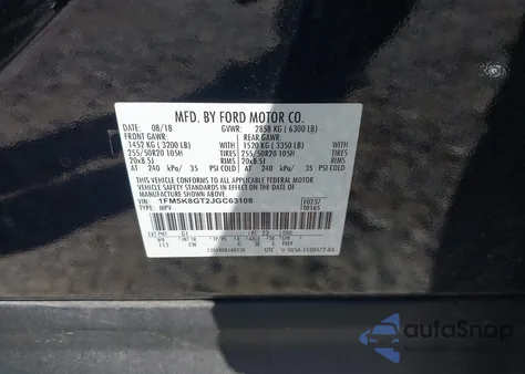 2018 Ford Explorer Sport из США, поврежденный, VIN 1FM5K8GT2JGC63108